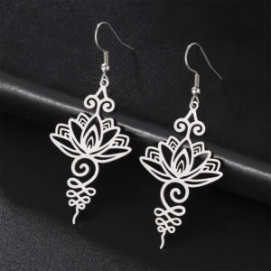Buddha Stones Hollow Lotus Flower Stainless Steel Enlightenment Metal Drop Earrings