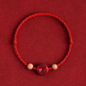 Buddha Stones Peach Wood Peace Buckle Cinnabar Wealth String Bracelet Anklet
