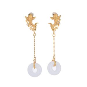 Buddha Stones FengShui Koi White Jade Fortune Earrings