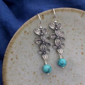 Buddha Stones 925 Sterling Silver Turquoise Lazurite Flower Leaf Serenity Protection Hook Drop Dangle Earrings